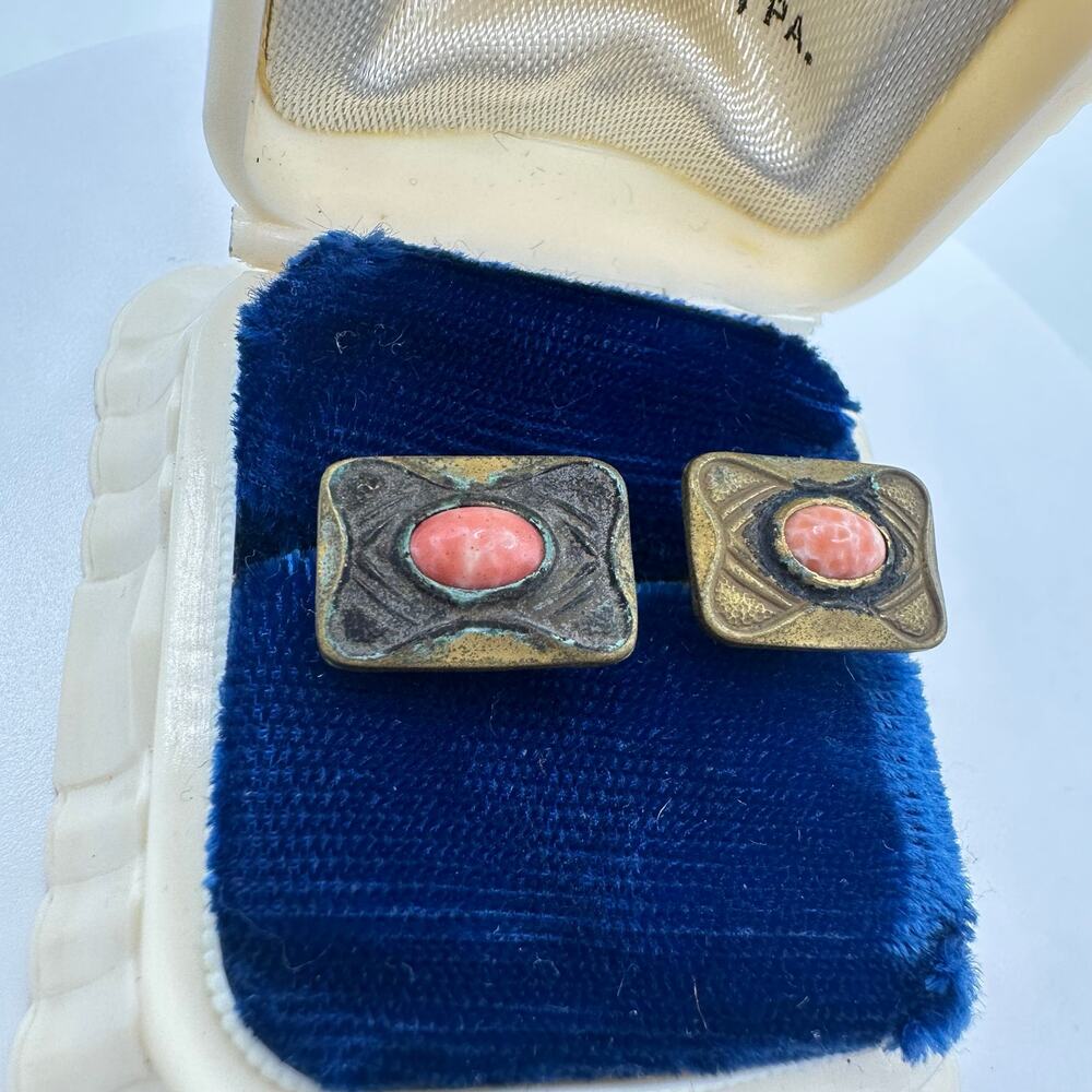 Antique Victorian Arts & Crafts gold tone peach art glass bean back cufflinks - Picture 5 of 8
